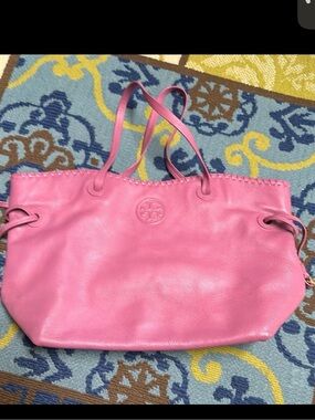 Tory Burch Pink Pebbled Leather Tote with Logo